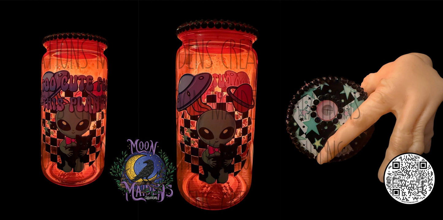 Too cute for this planet 16 oz fancy plastic can